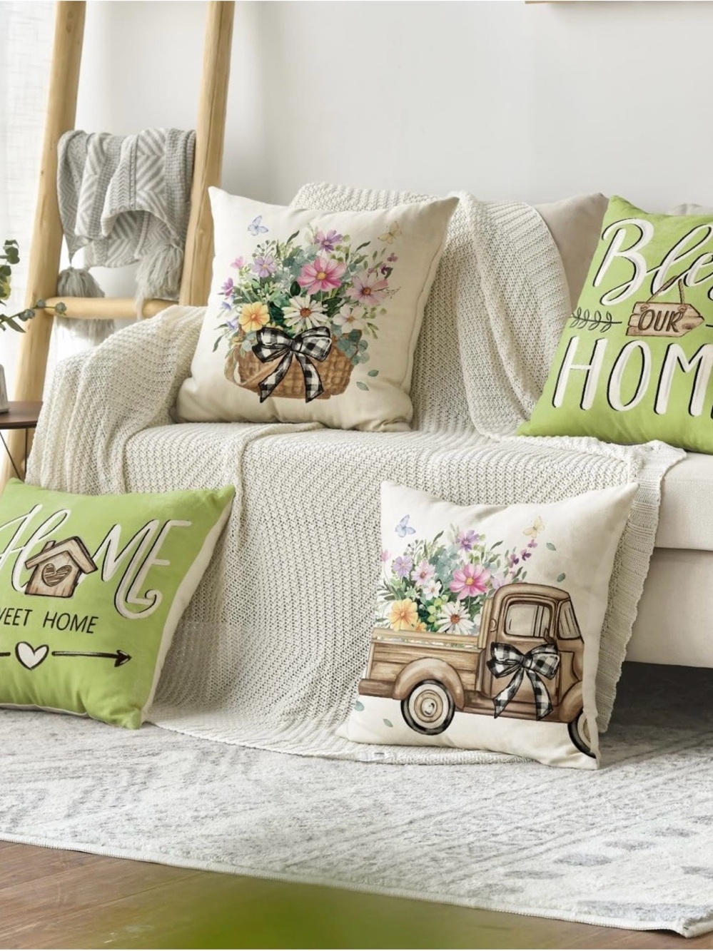 Floral Truck & Basket Accent Pillow Covers Set of 4. Neutral Cream & Green